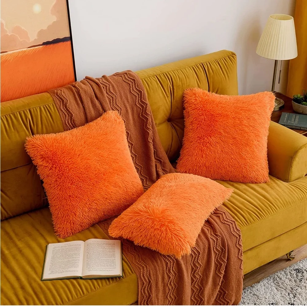 Luxury Home | Chic Bright Orange Soft Plush Faux Fur Throw Pillow Covers